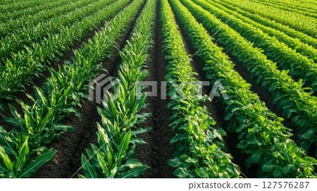 Aerial perspective of agricultural fields showcasing various crops Aerial perspective of agricultural fields showcasing various crops 127576287