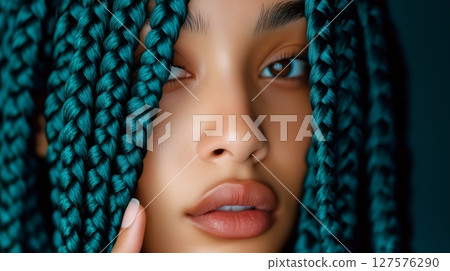 African American Woman With Beautiful Teal Green Braids. 127576290
