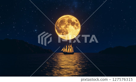 beautiful moonlight. beautiful ship sailing ocean full moon 127576315