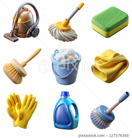 Collection of 3d cleaning tools and supplies, household items, isolated on transparent background 127576368