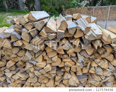 Cross-section background of a large number of firewood piles Cross-section background of a large number of firewood piles 127576436