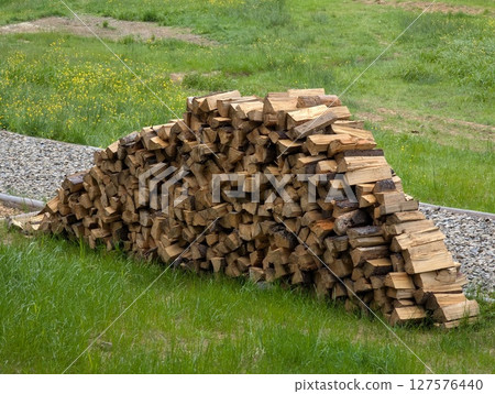 Cross-section background of a large number of firewood piles 127576440