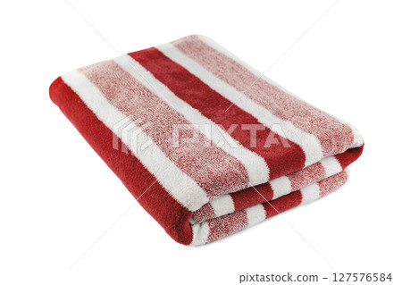 Carefully folded soft striped bath red towel isolated on white background 127576584