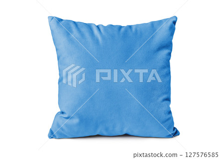 Decorative blue velvet rectangular pillow for sleeping and resting isolated on white background 127576585