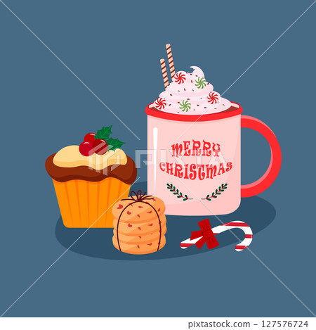 Postcard with a Christmas mug. Cup with a hot drink and whipped cream. New Year and Christmas. Decorative dishes with text and holiday attributes. Muffin and cookies. Postcard with a Christmas mug. Cup with a hot drink and whipped cream. New Year and Christmas. Decorative dishes with text and holiday attributes. Muffin and cookies. 127576724