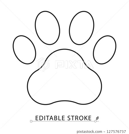 Paw print icon in minimal line style with editable stroke. Animal footprint symbol, pet care element, wild track for veterinary visuals, zoo themes, wildlife concept and domestic animal illustration. 127576737