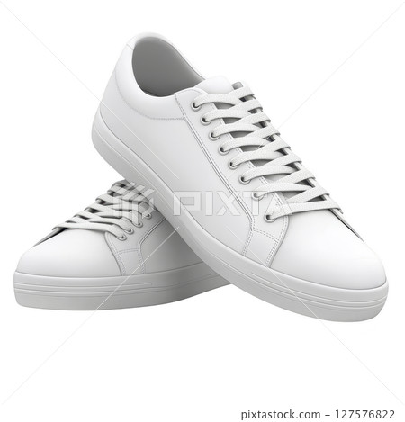 Pair of stylish white sneakers with minimalist design, featuring clean lines and classic lace up style, perfect for casual wear Pair of stylish white sneakers with minimalist design, featuring clean lines and classic lace up style, perfect for casual wear 127576822