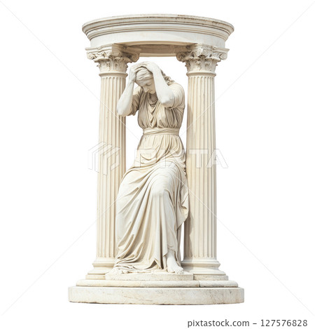 Marble statue of seated woman in classical pose, surrounded by four Corinthian columns, exudes sense of sorrow and contemplation. detailed drapery and expression highlight artistry 127576828