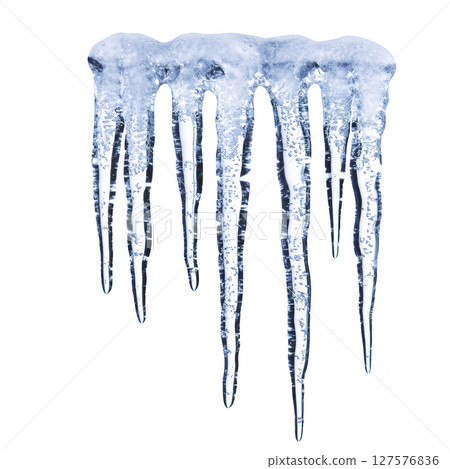 Row of glistening icicles hangs against transparency background, showcasing their translucent beauty and intricate details. icy formations evoke sense of winter chill 127576836