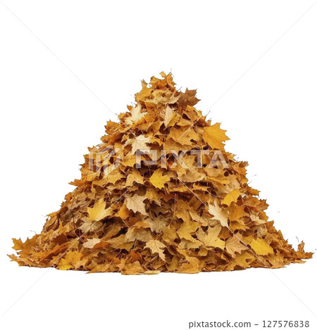Pile of vibrant autumn leaves in shades of orange and yellow creates warm and seasonal atmosphere. leaves are stacked in triangular shape, evoking sense of fall Pile of vibrant autumn leaves in shades of orange and yellow creates warm and seasonal atmosphere. leaves are stacked in triangular shape, evoking sense of fall 127576838