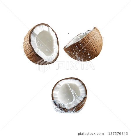 Three fresh coconut halves with splashing water create refreshing and tropical vibe. image captures texture of coconut shell and creamy white flesh inside 127576843