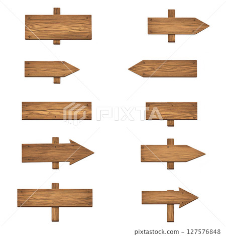 Wooden signboards with various arrow shapes and directions, ideal for navigation or decoration. signs have rustic appearance, featuring natural wood grain and simple design Wooden signboards with various arrow shapes and directions, ideal for navigation or decoration. signs have rustic appearance, featuring natural wood grain and simple design 127576848