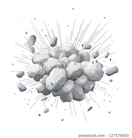 Dynamic explosion of gray rocks and debris, captured mid air, with sharp lines radiating outward, creating sense of motion and energy. rocks vary in size, adding depth 127576850