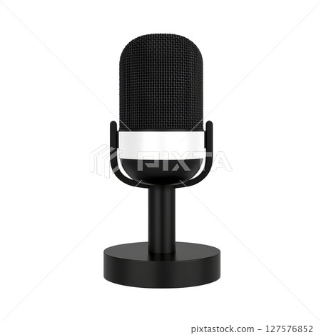 Vintage style black microphone with silver band is displayed on stand, evoking classic and professional audio recording atmosphere Vintage style black microphone with silver band is displayed on stand, evoking classic and professional audio recording atmosphere 127576852