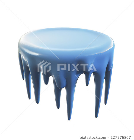 Round, blue, glossy platform with dripping edges resembling melting ice or wax, creating surreal and artistic effect 127576867