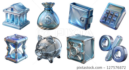 Financial icons set - bank, money bag, wallet, calculator, hourglass, piggy bank, safe, and percent symbols 127576872