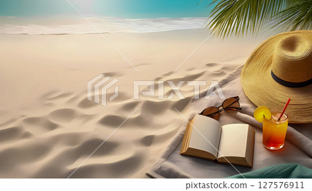 A shot for a summer mood: an open book, a straw hat, sunglasses and a refreshing cocktail on the beach sand, with a blurred background of the ocean and palm leaves. This image is perfect for themes re A shot for a summer mood: an open book, a straw hat, sunglasses and a refreshing cocktail on the beach sand, with a blurred background of the ocean and palm leaves. This image is perfect for themes re 127576911