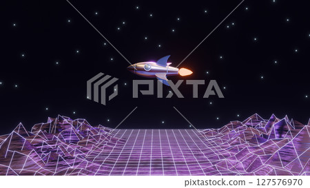 abstract 3d render illustration with cartoon retro rocket in outer space 127576970