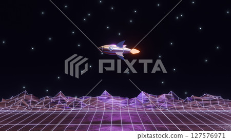 abstract 3d render illustration with cartoon retro rocket in outer space 127576971