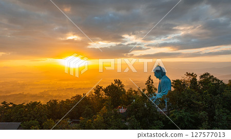 Aerial view of Majestic Buddha at sunrise 127577013