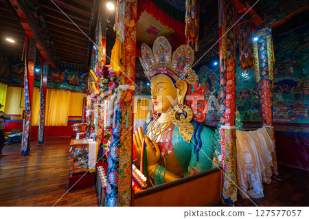 Colourful sculpture of Maitreya Buddha at Thiksey monastery Colourful sculpture of Maitreya Buddha at Thiksey monastery 127577057