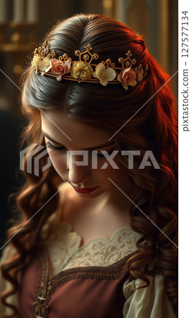 Young girl in a vintage dress adorned with flowers in an elegant setting 127577134