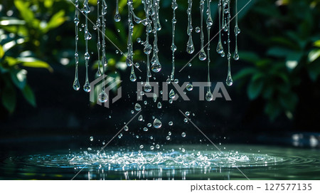 Gentle water droplets falling from leaves into a serene garden pond 127577135