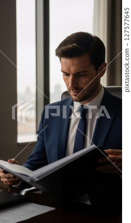 A man reading thick report or binder in office building. A man reading thick report or binder in office building. 127577645