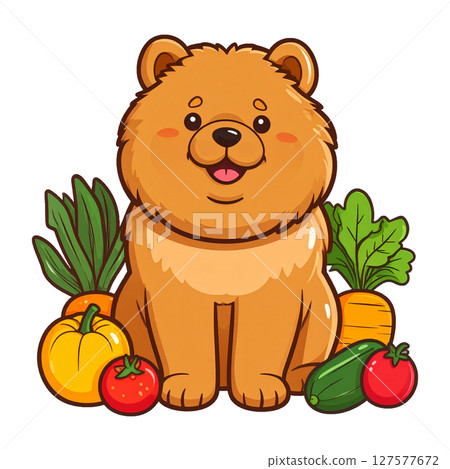 夏季蔬菜和鬆獅犬小狗的貼紙插圖2 / 傳單和海報的材料 127577672