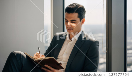 A man in suit seated writing in a notebook by window. 127577794