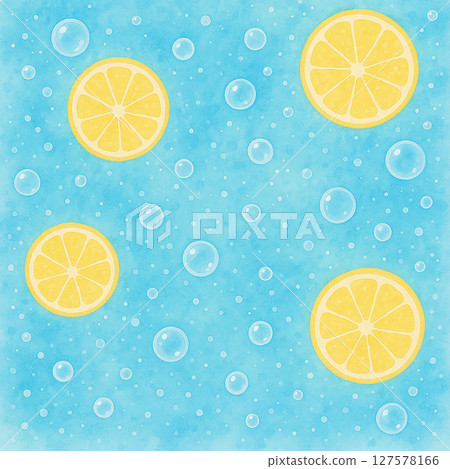 清新的水彩背景插圖，上面漂浮著檸檬片和碳酸氣泡 127578166
