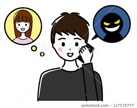 A young man on the phone with a scammer pretending to be his girlfriend (romance scam) 127578777