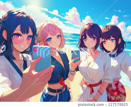 Women taking selfies with their smartphones on the beach 127578925