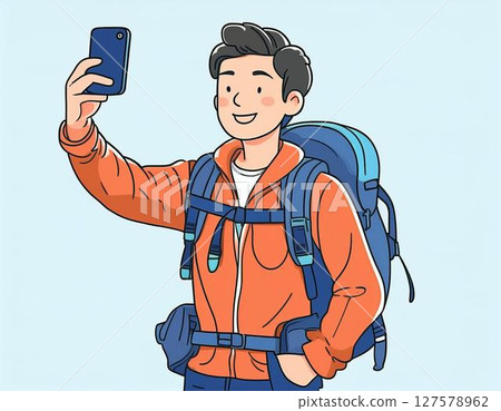 Backpacker man taking a selfie with his smartphone 127578962