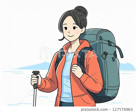 Woman carrying a large backpack 127578963