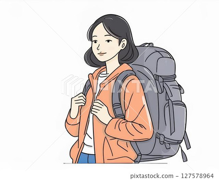 Woman carrying a large backpack 127578964