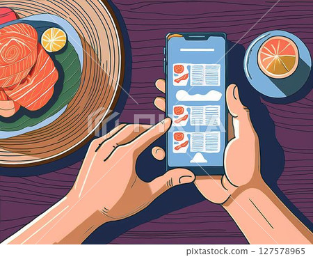Hands looking at a smartphone menu in a restaurant overseas 127578965
