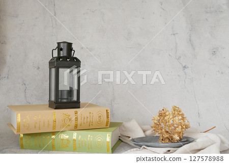 Scenery with antique lantern and books Scenery with antique lantern and books 127578988