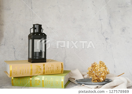Scenery with antique lantern and books Scenery with antique lantern and books 127578989