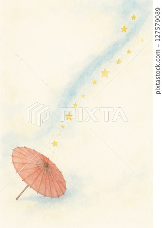 Watercolor illustration of a Japanese umbrella and the Milky Way with shooting stars (Tanabata/summer background material) 127579089