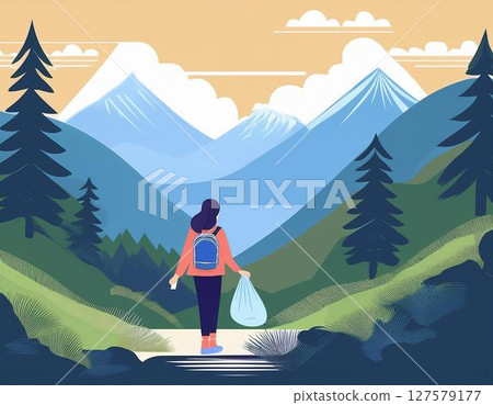 A female climber picking up trash on the mountain 127579177