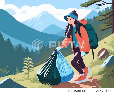 A female climber picking up trash on the mountain 127579178