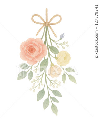 帶有絲帶的花束水彩插圖（帶有玫瑰和小花的PNG材料） 127579241