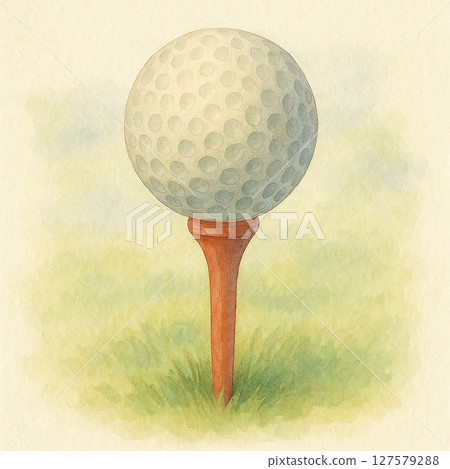 Watercolor illustration of a golf ball and tee (grass, gentle colors, sports material) 127579288