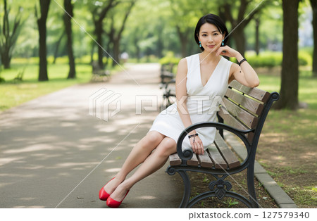 A woman sitting on a park bench 127579340