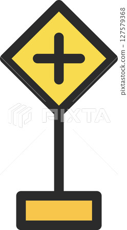 Single illustration of a mini sign with a pole - Cross-shaped road intersection 127579368