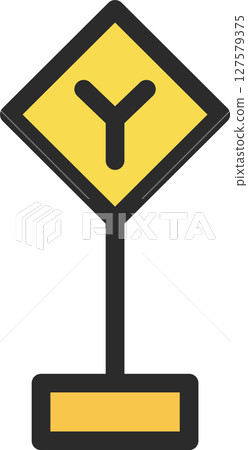Single illustration of a mini sign with a pole - Y-shaped road intersection 127579375