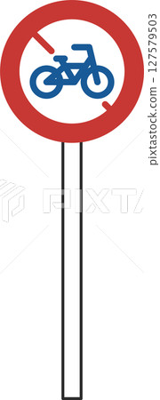 帶有桿子的簡易標誌的單幅插圖：禁止小型機動自行車和自行車入內 127579503