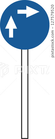 Single illustration of a simple sign with a pole: How to turn right on a regular motorized bicycle (two steps) 127579520