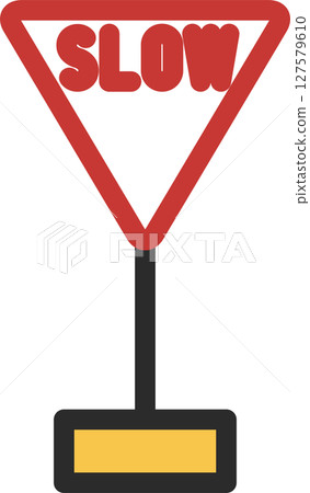 Single illustration of a mini sign with a pole: Slow down, Priority road ahead 127579610